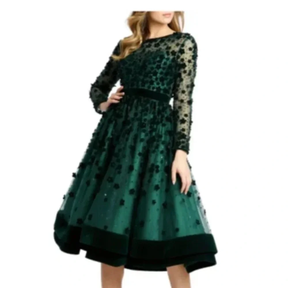 NWT Mac Duggal 67007 Embellished Illusion High Neck Long Sleeve Velvet Dress - Picture 2 of 8